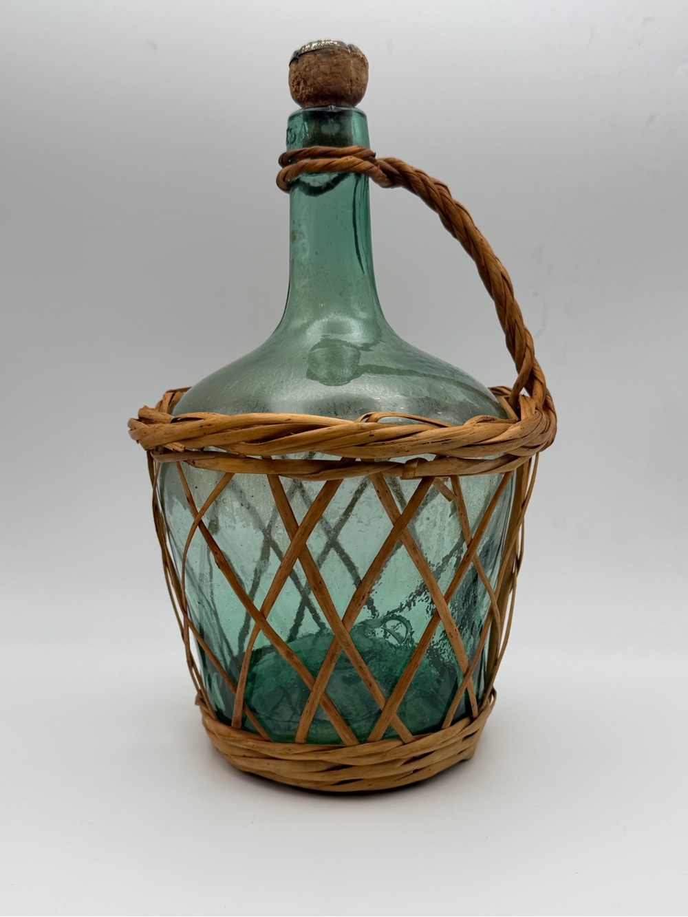 Viresa Hand-Blown Green Glass Demijohn with Wicker Basket